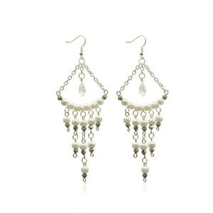 Hand Crafted White Glass Pearl Crystal Briolette 4" Long Chandelier Earrings